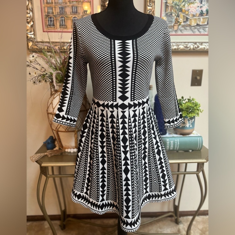 NINA LEONARD GEOMETRIC PATTERN FIT & FLARE KNIT BABYDOLL STYLE DRESS SIZE MEDIUM